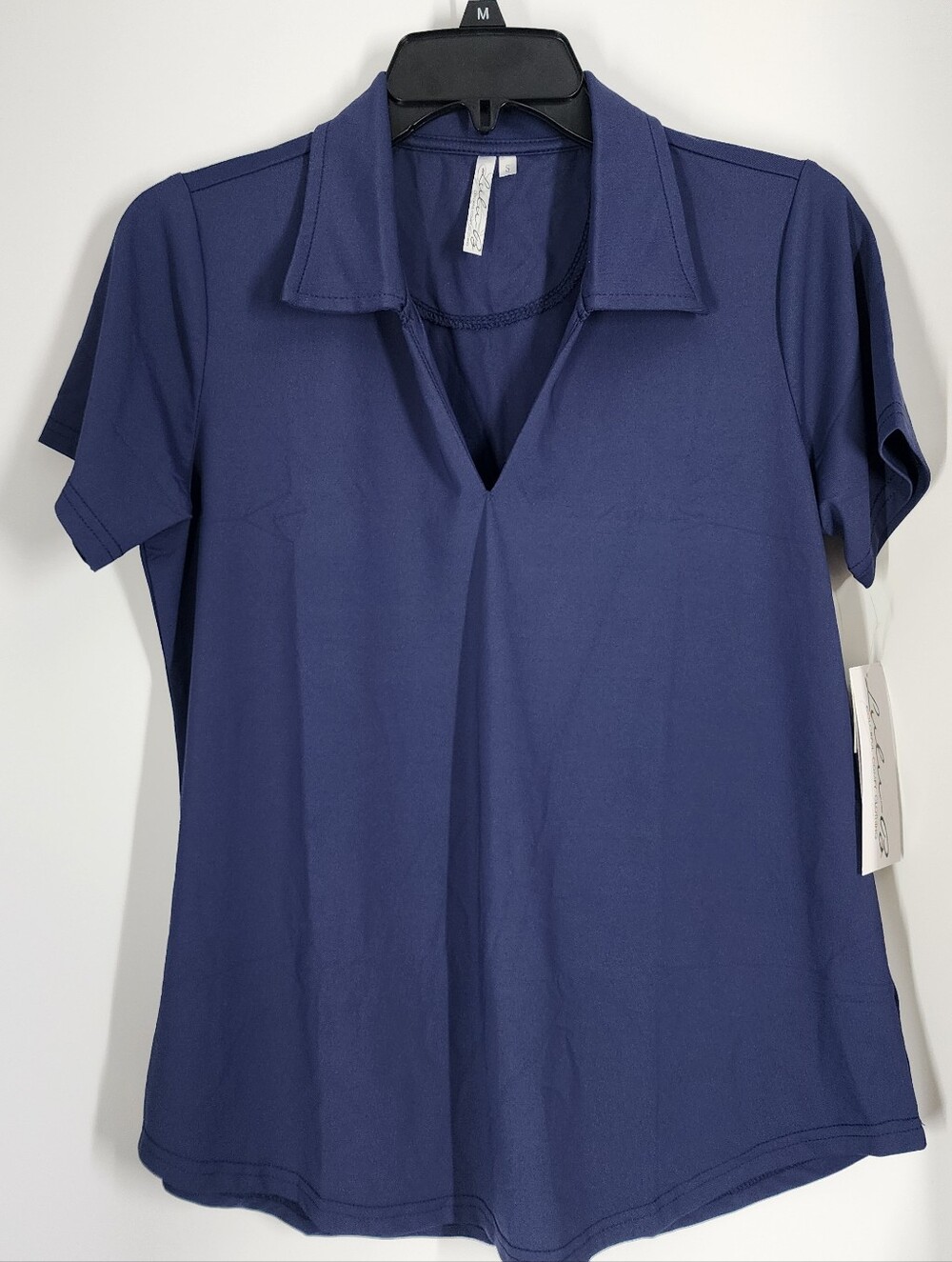 NEW Lulu-B Size Small Collar Knit Top Shirt Solid Blue Short Sleeve UPF 50+